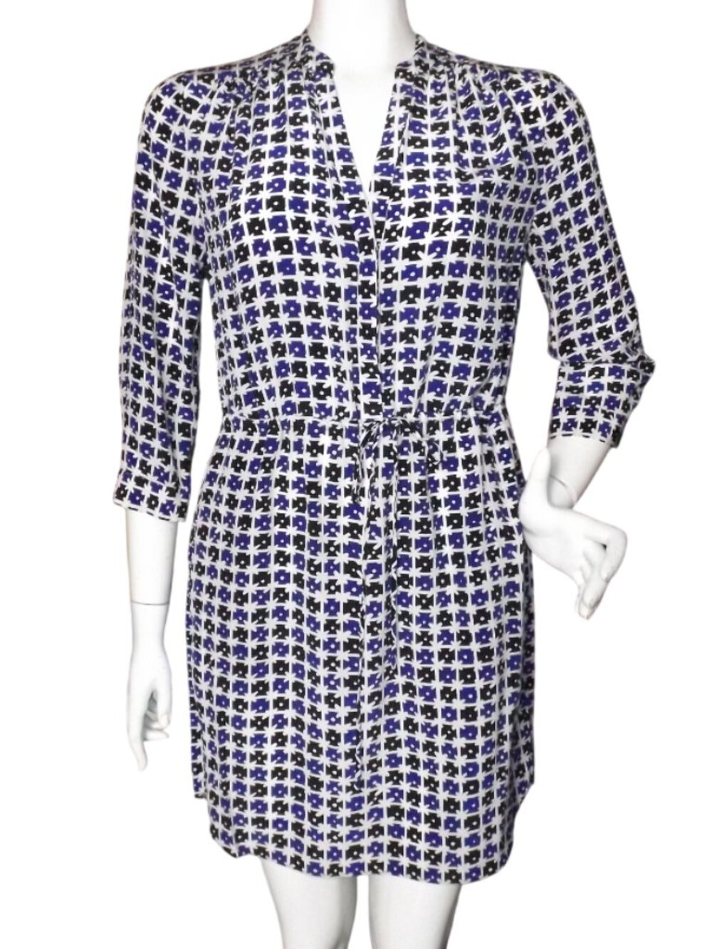 DIANE VON FURSTENBERG Mini Dress, 8, Silk, White/Blue/Black Geometric,Drawstring